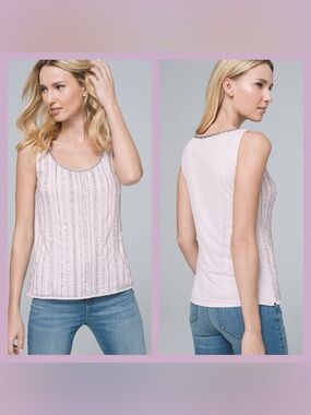 White House Black Market White Tank with Silver Sequin Stripes
